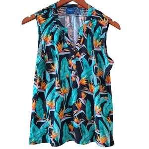 Caribbean Joe Sleeveless Top Womens PM Black Tropical Floral NWOT Bird Paradise
